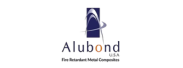 Logo with a stylized silver swoosh and abstract design above the text 'Alubond USA' and the tagline 'Fire Retardant Metal Composite'