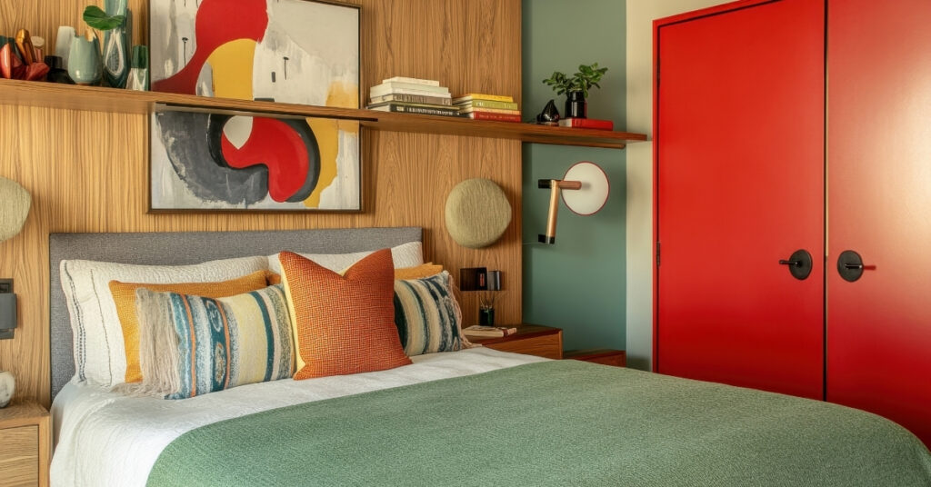 A cozy bedroom with a green bed, colorful pillows, wooden walls, and bold red closet doors.
