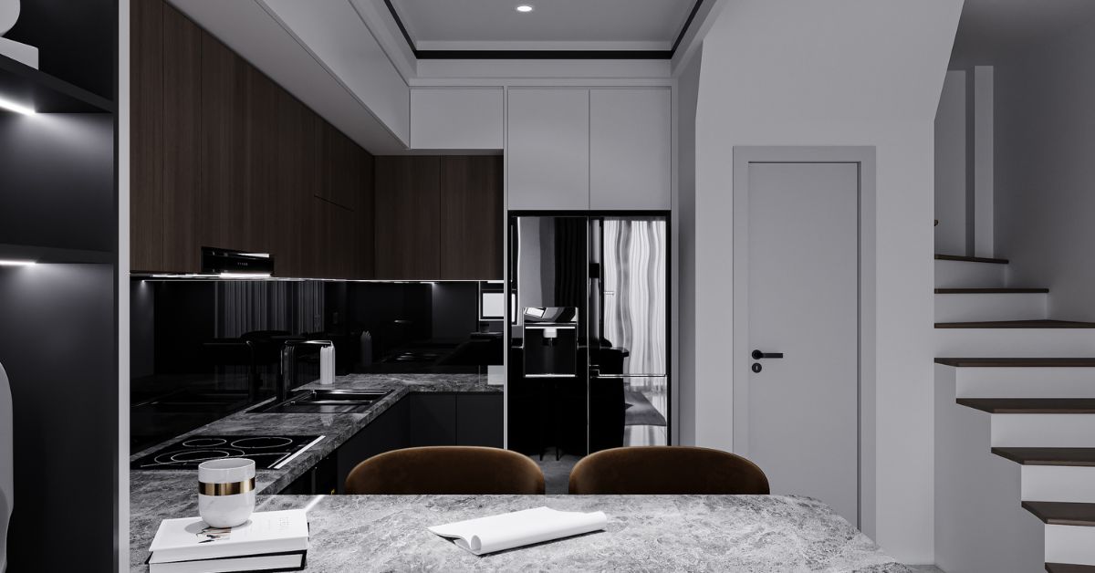 A blurred, digital rendering of a modern kitchen with dark wood and white cabinetry, a large island with a light countertop, and warm, recessed lighting