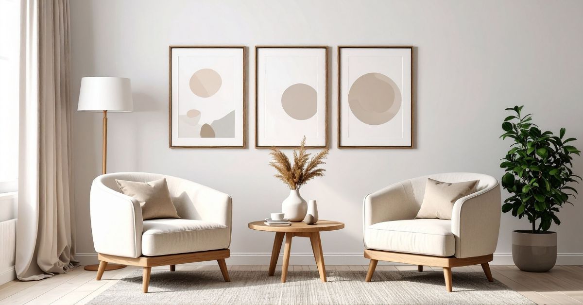 A blurred image of a modern, Scandinavian-style living room with two cream armchairs, a wooden coffee table, and three framed circular art prints on the wall.