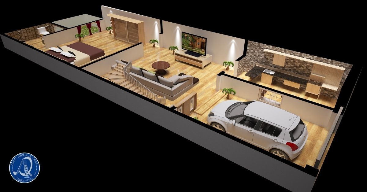 3D floor plan of a modern 3 bed house design featuring an open living area, kitchen, two bedrooms, bathrooms, and an indoor garage.