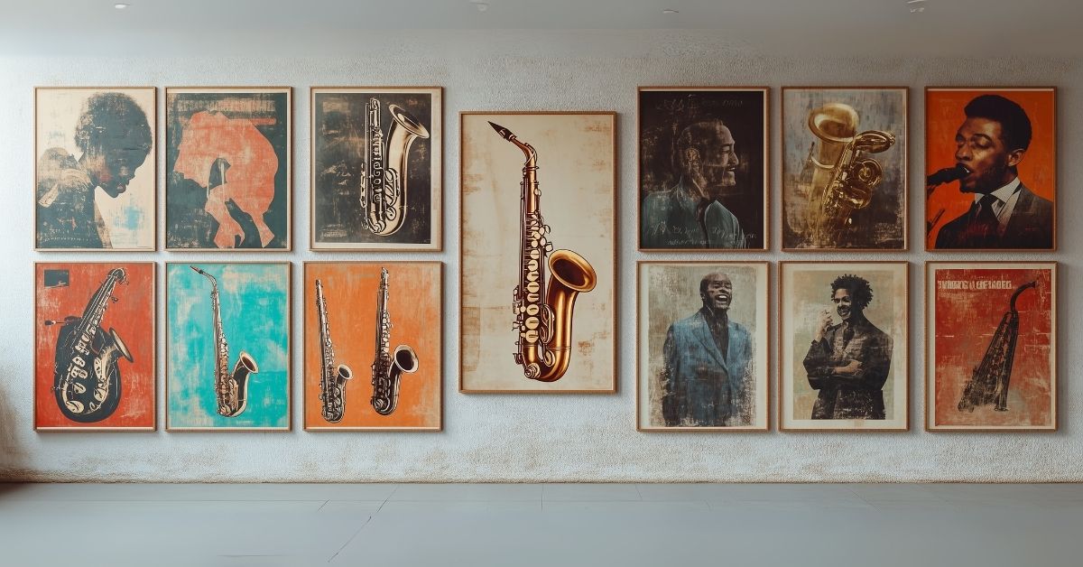 Jazz-inspired gallery wall with framed artwork and instruments, offering creative interior wall decor ideas for a personalized and stylish home.