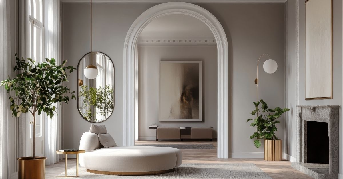 Modern living room with elegant archway, neutral walls, stylish mirror, and indoor plants showcasing interior wall decor ideas