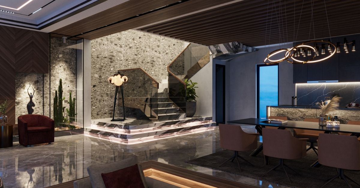 Modern TV lounge design featuring a luxurious seating area, abstract wall art behind a mounted TV, ambient lighting, and contemporary decor with marble flooring and elegant furniture.