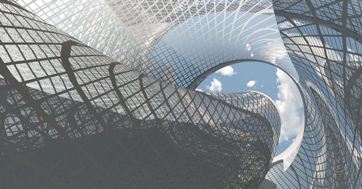 What is Contemporary Architecture – futuristic steel and glass structure with organic curves and open sky view