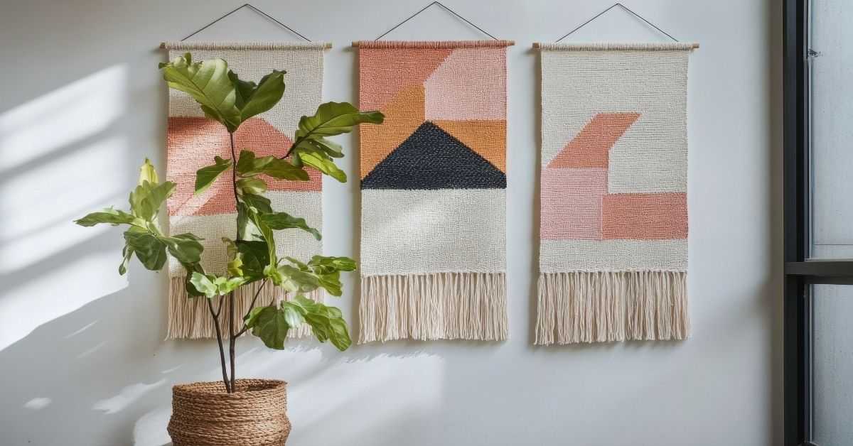 Modern interior wall decor ideas featuring three geometric woven wall hangings in neutral and pastel tones, displayed above a potted indoor plant against a white wall.
