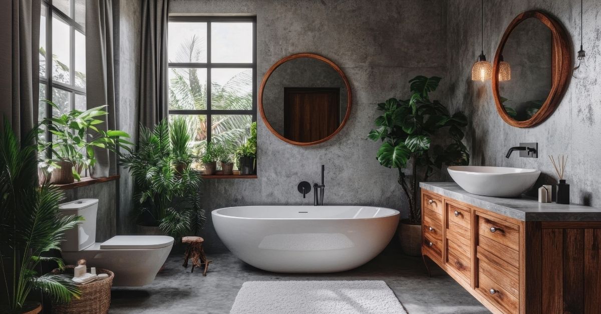 Stylish bathroom showcasing interior wall decor ideas with round wooden-framed mirrors, indoor plants, and modern rustic design elements.