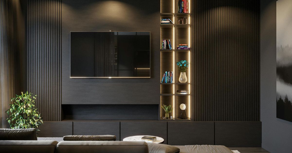 Elegant TV lounge design with a wall-mounted television, dark modern interior, built-in shelving with accent lighting, and stylish decor elements creating a luxurious atmosphere.