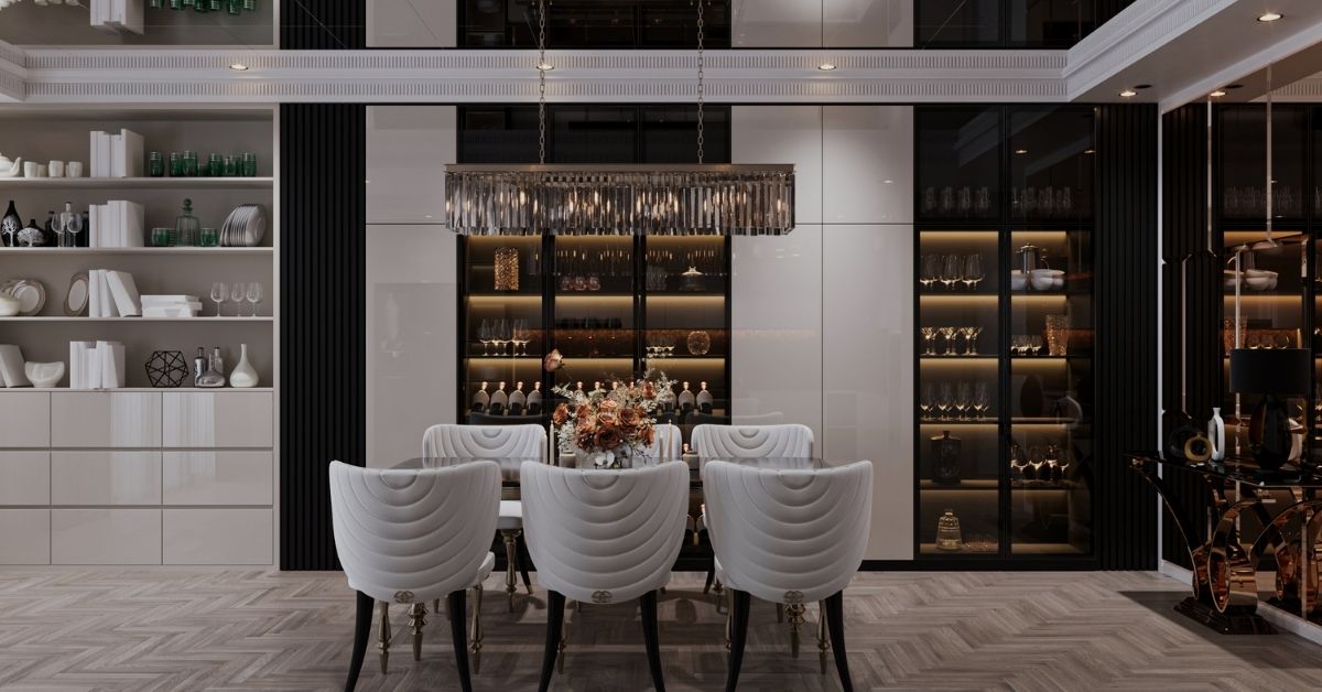 Elegant dining room with modern interior wall decor ideas, featuring sleek built-in shelving, glass-front cabinets, warm lighting, and a minimalist chandelier above a formal dining table.