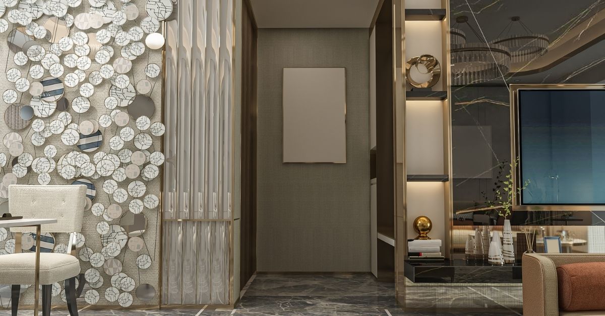 Chic hallway featuring creative interior wall decor ideas with a textured 3D floral accent wall, ambient shelf lighting, and a mix of modern and artistic elements.
