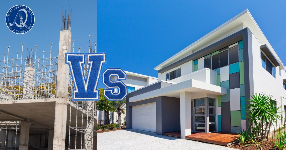 Comparison of under-construction building structure vs modern finished house – Aqsons Construction quality difference.