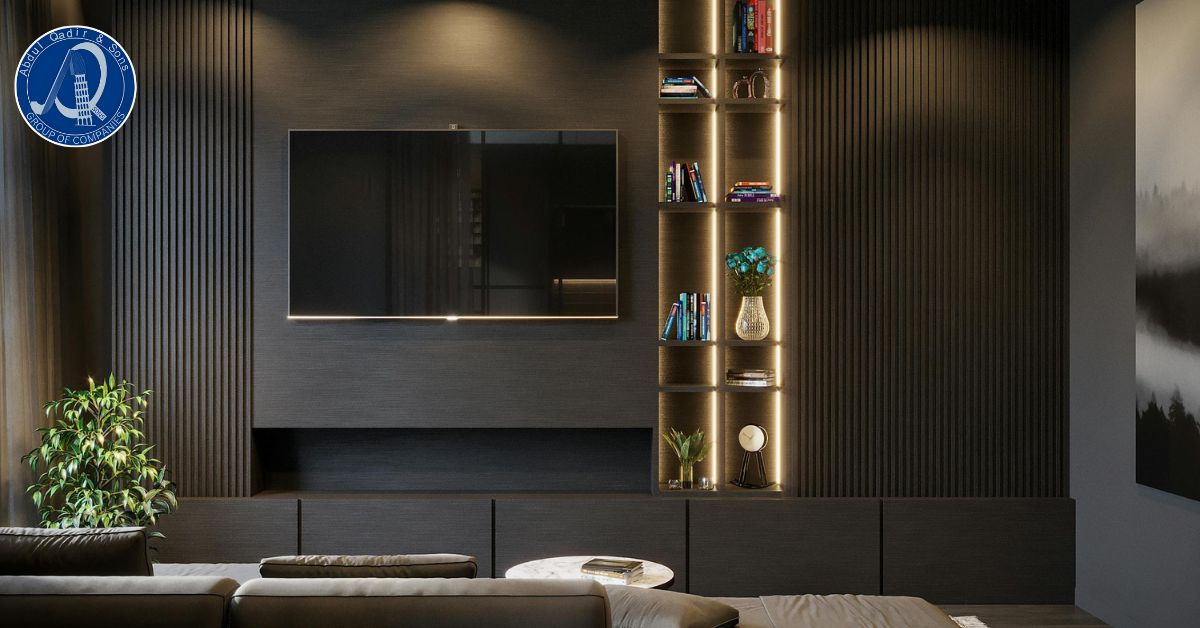 Modern 5 Marla house interior design in Lahore – stylish TV wall with shelves and lighting by Aqsons Construction.