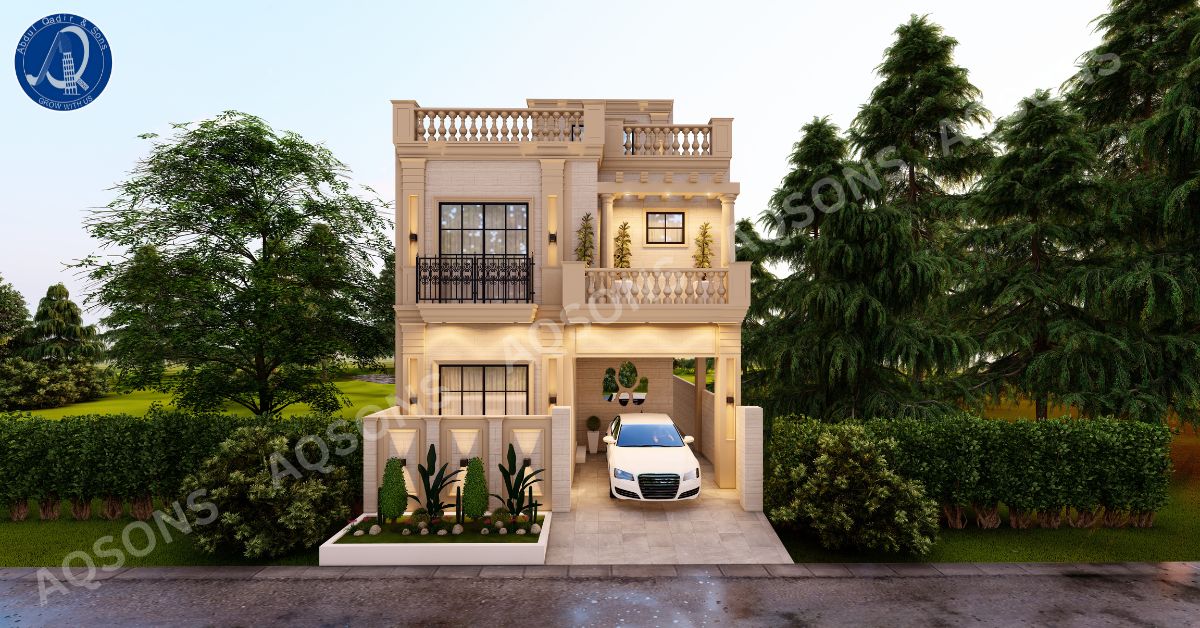 A modern two-story house with beige exterior, large glass windows, a balcony with railings, a car parked under a covered porch, and lush greenery surrounding the property