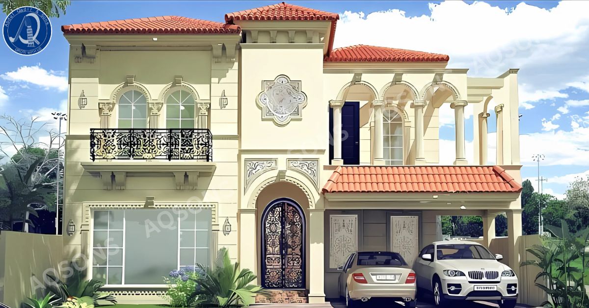 A Mediterranean-style two-story villa with a red-tiled roof, ornate arched windows, wrought iron balconies, a decorative entrance, and two cars parked in the driveway.