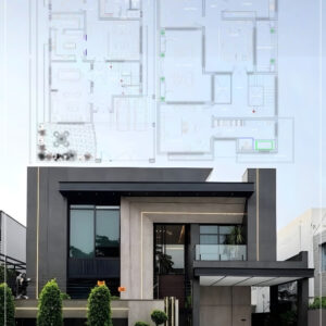 1 Kanal Residential House Plan, two-story house with a sleek, minimalist facade, rendered in contrasting colors—primarily dark grey/black and light beige/tan.