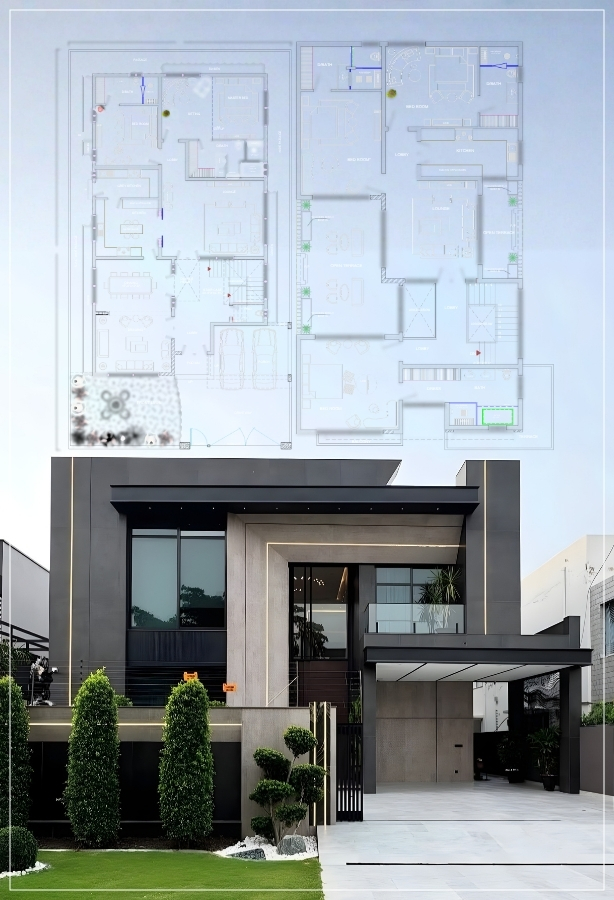 1 Kanal Residential House Plan, two-story house with a sleek, minimalist facade, rendered in contrasting colors—primarily dark grey/black and light beige/tan.