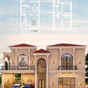 A stunning architectural rendering of a 1 kanal Spanish house plan, featuring a luxurious two-story beige villa with a red roof, a covered carport, and prominent black-framed windows, with the corresponding floor plans faintly displayed above.