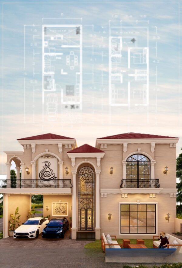 A stunning architectural rendering of a 1 kanal Spanish house plan, featuring a luxurious two-story beige villa with a red roof, a covered carport, and prominent black-framed windows, with the corresponding floor plans faintly displayed above.