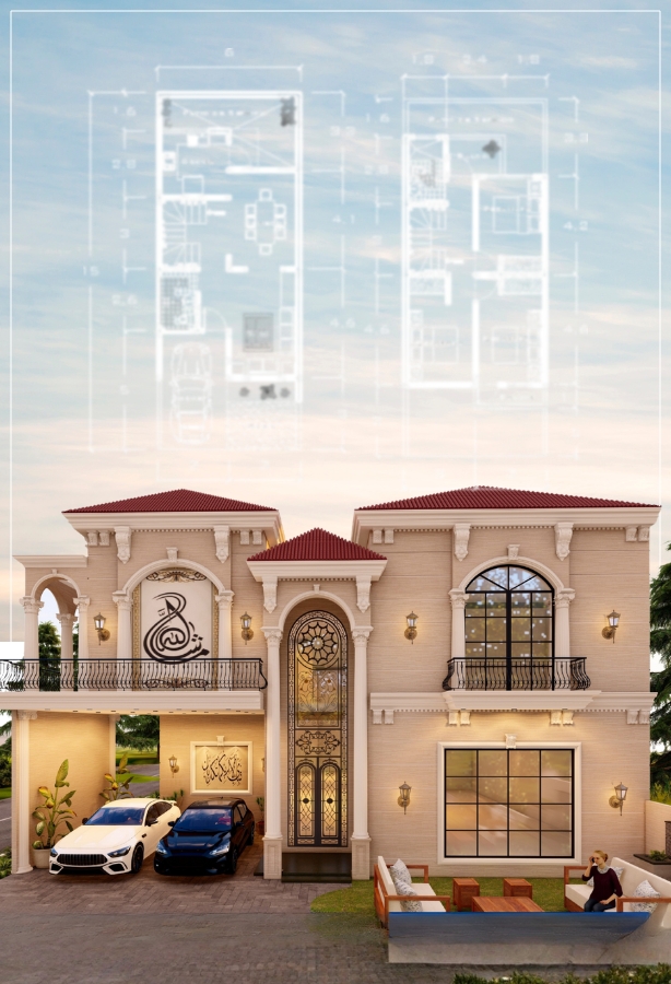A stunning architectural rendering of a 1 kanal Spanish house plan, featuring a luxurious two-story beige villa with a red roof, a covered carport, and prominent black-framed windows, with the corresponding floor plans faintly displayed above.