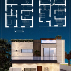 That's a 10 marla residential house plan, two-story house with an integrated garage and contemporary white/light stone cladding. Blue-line floor plans are displayed above the 3D rendering.