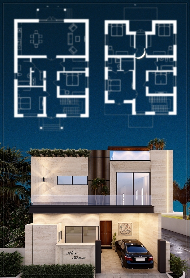 That's a 10 marla residential house plan, two-story house with an integrated garage and contemporary white/light stone cladding. Blue-line floor plans are displayed above the 3D rendering.