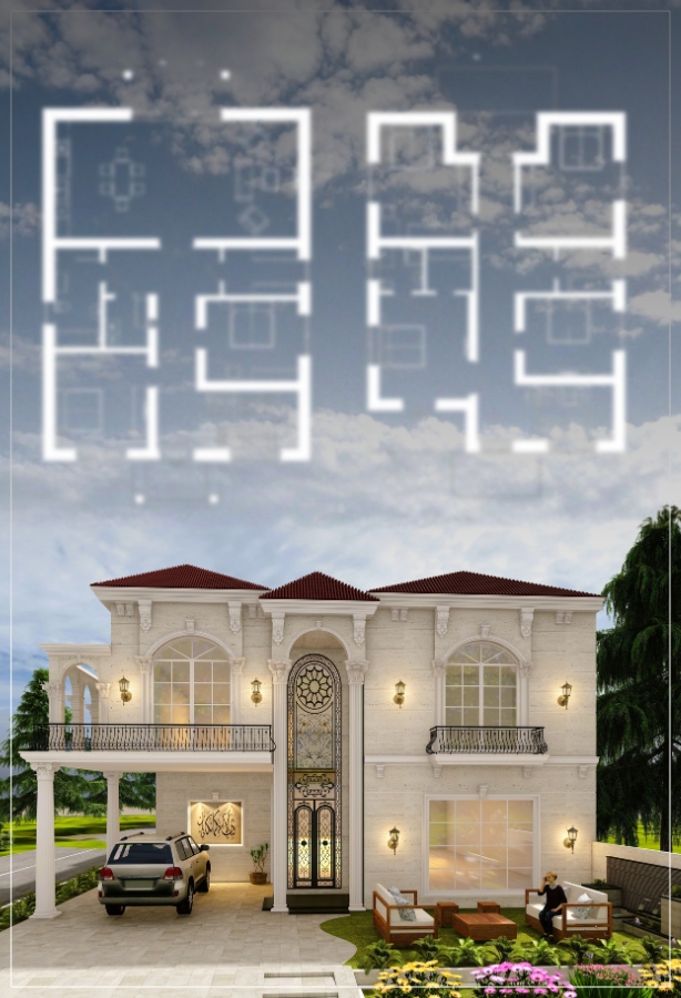 An architectural rendering of a stately 10 marla spanish house plan is shown, featuring a two-story design with a light-colored exterior, a red tile roof, arched windows, and decorative wrought-iron balconies. The complete visual presentation includes the aesthetic rendering of the villa alongside faint outlines of the corresponding first and second-floor plans superimposed on the cloudy sky above.