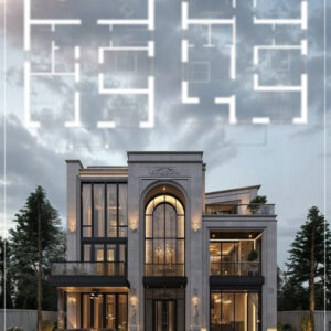 Front elevation of a 10 Marla Classic House Plan featuring a grand double-story design with tall arched windows, elegant lighting, and modern exterior detailing — ideal for luxury family living in Pakistan.