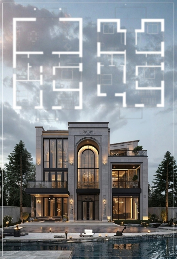 Front elevation of a 10 Marla Classic House Plan featuring a grand double-story design with tall arched windows, elegant lighting, and modern exterior detailing — ideal for luxury family living in Pakistan.