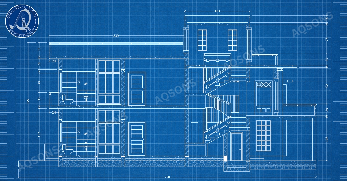 Architectural blueprint of a modern 5 Marla house showing detailed floor plan and elevation layout for construction planning.