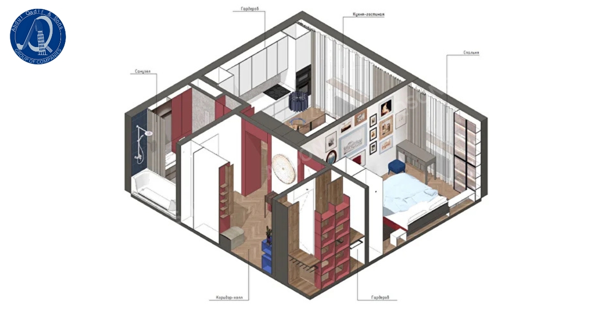 3D interior layout of a 5 Marla house showing bedroom, kitchen, and living area with modern furniture and open floor plan design.