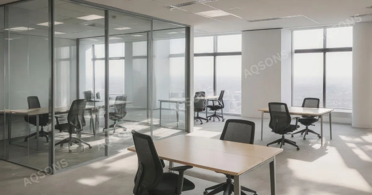 Bright modern office interior featuring natural light in building design with floor-to-ceiling windows, minimalist furniture, and open workspace layout