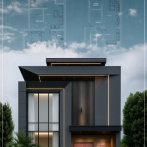 Front elevation of a 5 Marla Residential House Plan design featuring sleek grey exterior, large glass windows, wooden main doors, and geometric architectural lines — contemporary home plan by Aqsons Architects.