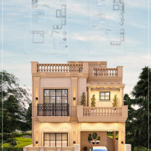 Front elevation of a 5 Marla Classic House Plan showing a modern two-story design with car porch, balcony, and warm exterior tones — ideal for family living in Pakistan.