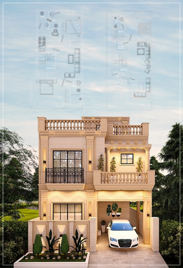Front elevation of a 5 Marla Classic House Plan showing a modern two-story design with car porch, balcony, and warm exterior tones — ideal for family living in Pakistan.