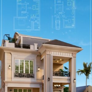 A rendering of a 5 marla spanish house plan with columns and a balcony, featuring faint architectural floor plans overlaid on a blue background.