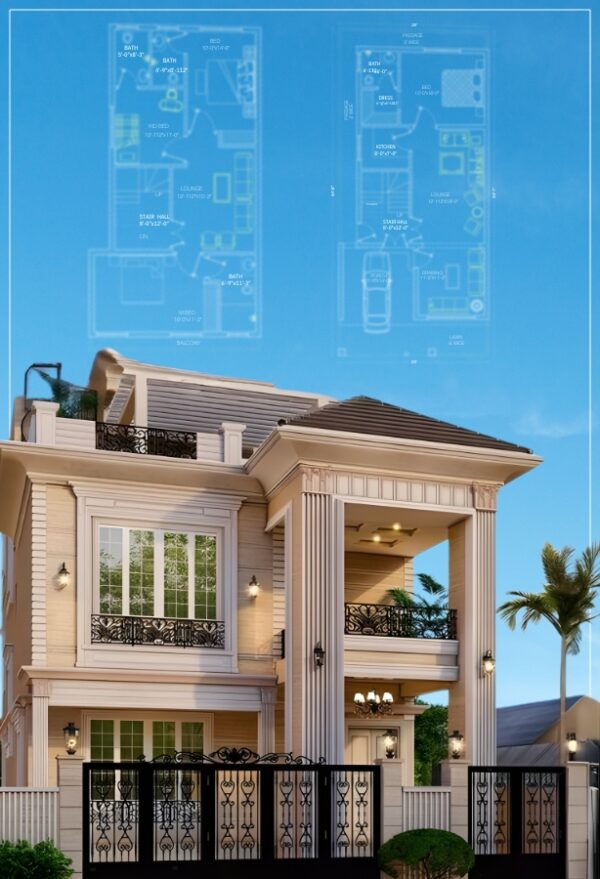 A rendering of a 5 marla spanish house plan with columns and a balcony, featuring faint architectural floor plans overlaid on a blue background.