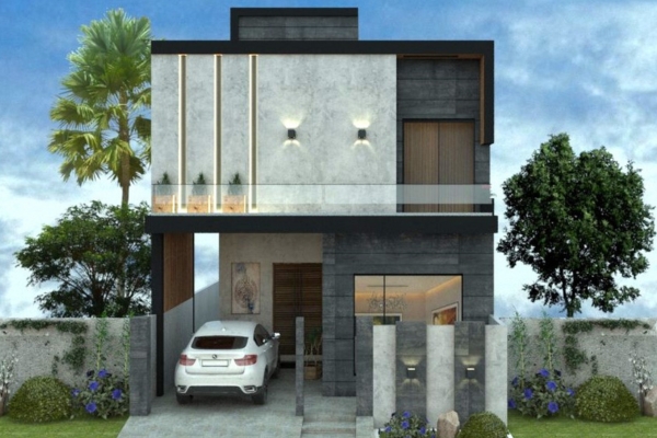 A narrow, modern two-story house featuring a gray-and-white textured facade, dark gray stone cladding on the ground floor, a white car parked in the covered drive, and tall planters on the upper balcony.
