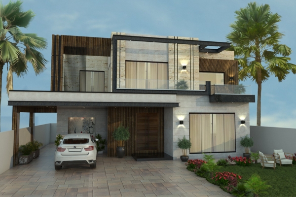 A stylish, two-story modern house featuring a mix of white walls, dark wood accents, large glass windows, a white car parked under an integrated carport, and palm trees framing the exterior.