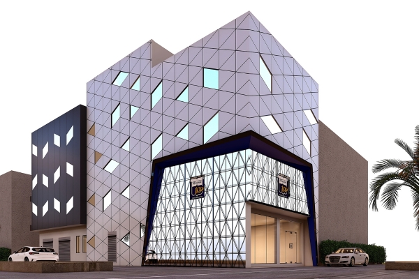 commercial of a modern, multi-story building with a diamond-patterned white facade and a striking, angular design.