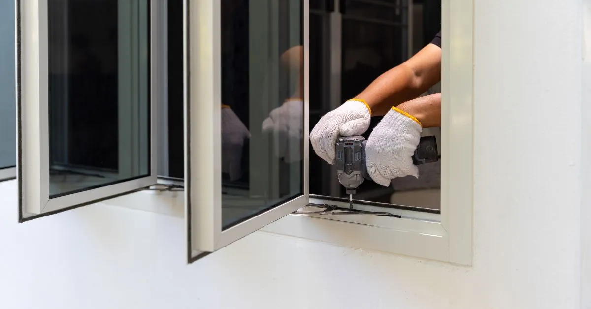 Close-up of a person installing an aluminium window with gloves on, using a screwdriver to secure the frame, highlighting the installation process