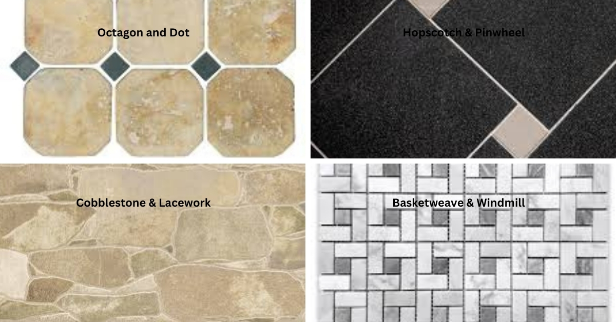 Beige tile samples and black mosaic pattern grid layouts