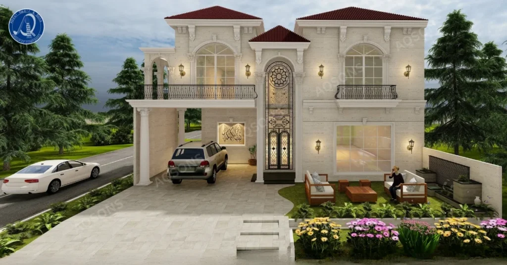 An architectural rendering of a stately 10 marla spanish house plan is shown, featuring a two-story design with a light-colored exterior, a red tile roof, arched windows, and decorative wrought-iron balconies. The complete visual presentation includes the aesthetic rendering of the villa alongside faint outlines of the corresponding first and second-floor plans superimposed on the cloudy sky above.