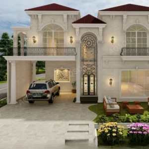 An architectural rendering of a stately 10 marla spanish house plan is shown, featuring a two-story design with a light-colored exterior, a red tile roof, arched windows, and decorative wrought-iron balconies. The complete visual presentation includes the aesthetic rendering of the villa alongside faint outlines of the corresponding first and second-floor plans superimposed on the cloudy sky above.