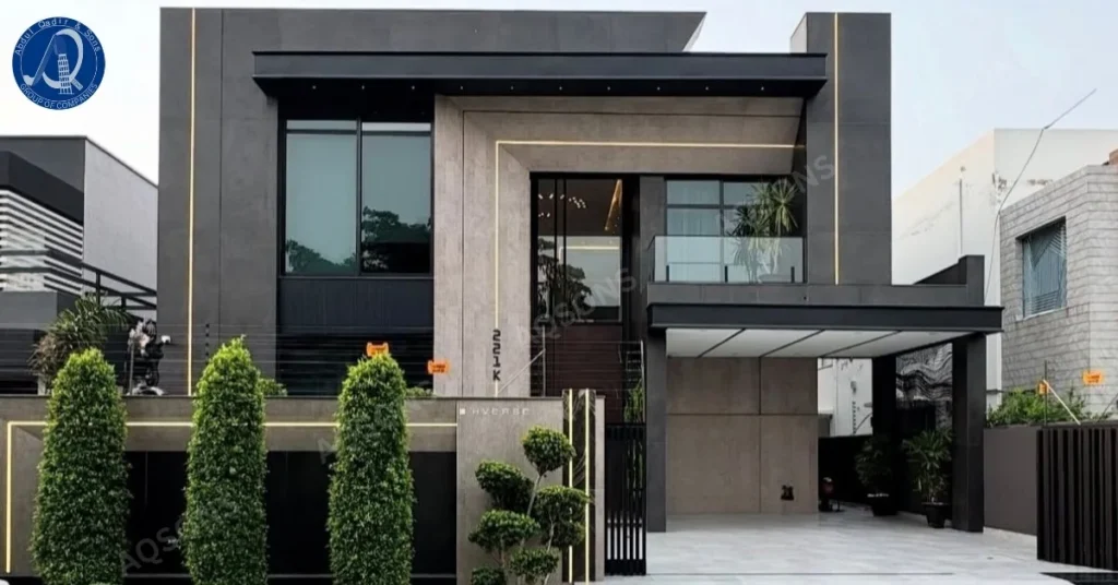 1 Kanal Residential House Plan, two-story house with a sleek, minimalist facade, rendered in contrasting colors—primarily dark grey/black and light beige/tan.