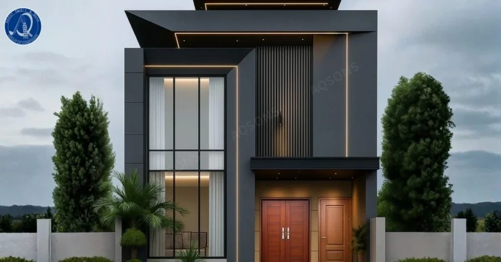 Front elevation of a 5 Marla Residential House Plan design featuring sleek grey exterior, large glass windows, wooden main doors, and geometric architectural lines — contemporary home plan by Aqsons Architects.