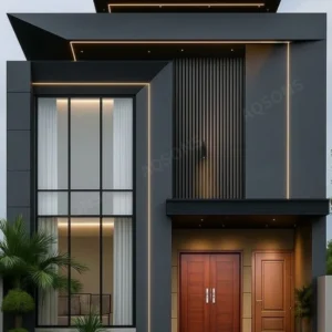 Front elevation of a 5 Marla Residential House Plan design featuring sleek grey exterior, large glass windows, wooden main doors, and geometric architectural lines — contemporary home plan by Aqsons Architects.