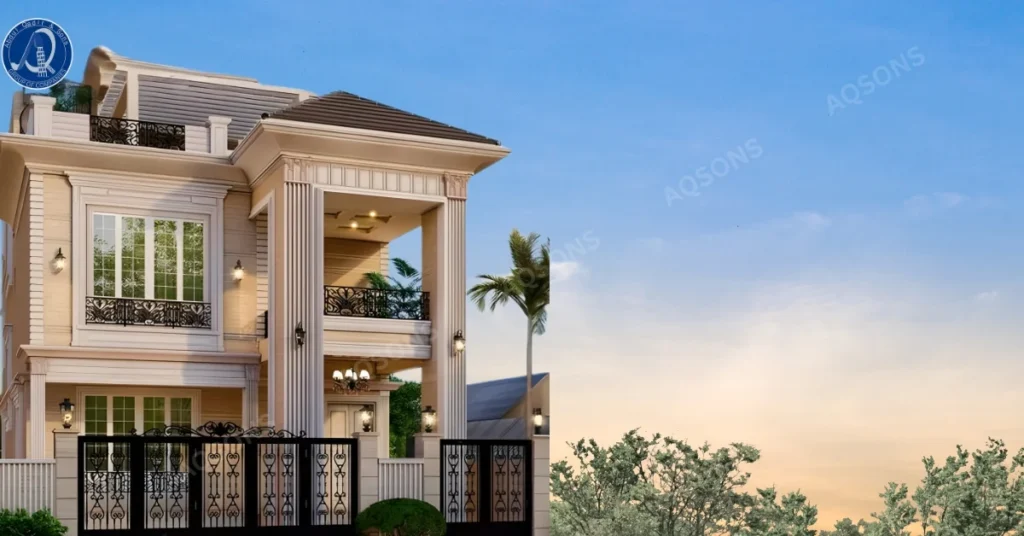 A rendering of a 5 marla spanish house plan with columns and a balcony, featuring faint architectural floor plans overlaid on a blue background.