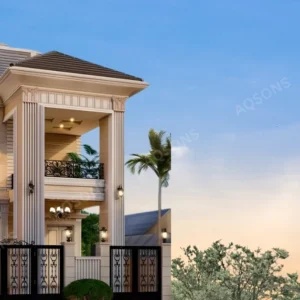 A rendering of a 5 marla spanish house plan with columns and a balcony, featuring faint architectural floor plans overlaid on a blue background.
