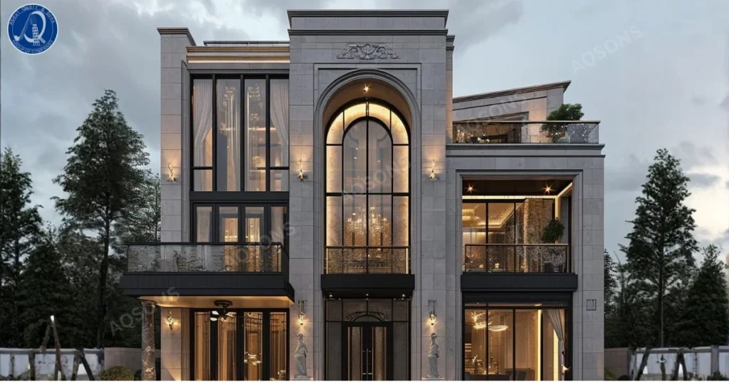 Front elevation of a 10 Marla Classic House Plan featuring a grand double-story design with tall arched windows, elegant lighting, and modern exterior detailing — ideal for luxury family living in Pakistan.