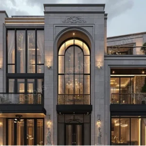 Front elevation of a 10 Marla Classic House Plan featuring a grand double-story design with tall arched windows, elegant lighting, and modern exterior detailing — ideal for luxury family living in Pakistan.